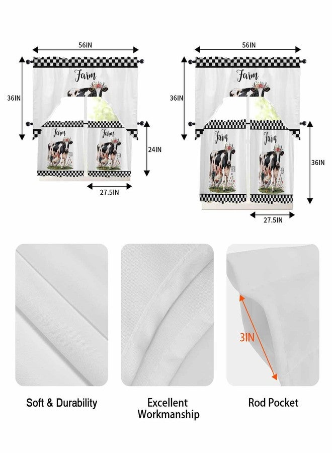 Jolunifun Cow Rooster Swag Kitchen Curtain Sets with Valance,3 Pieces Rod Pocket Curtain Drapes for Bedroom Living Room Bathroom Cafe Windows,Farm Black White Checkered Wildflower 56''x36''&24''x27.5''x2Panels - Image 2